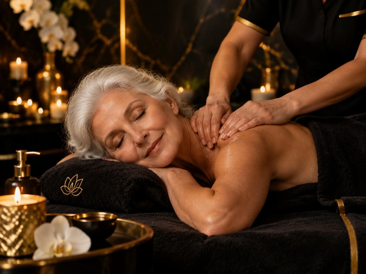Silver-haired guest enjoying a relaxing back massage by candlelight at Nuad Thai Massage Athens