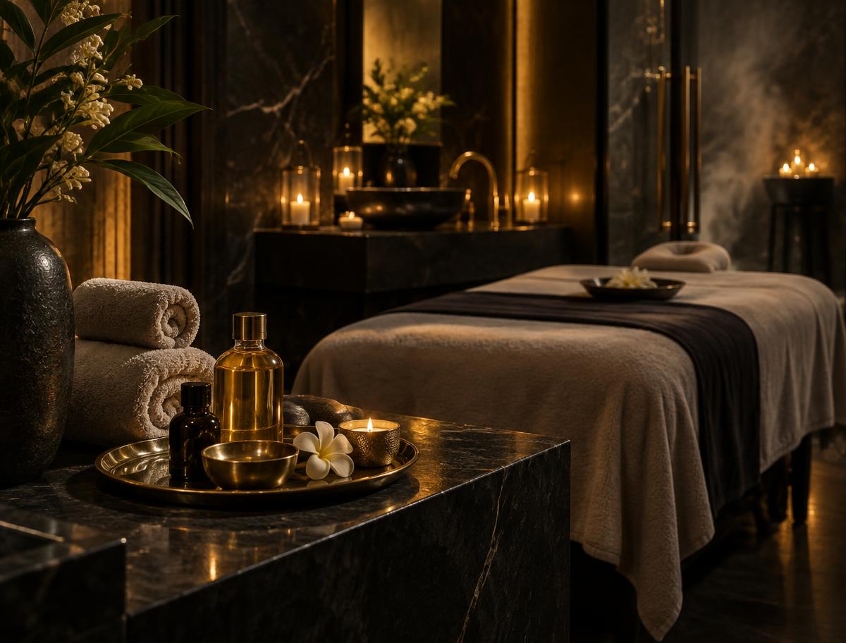 Candlelit Nuad treatment room prepared for a focused back and neck massage