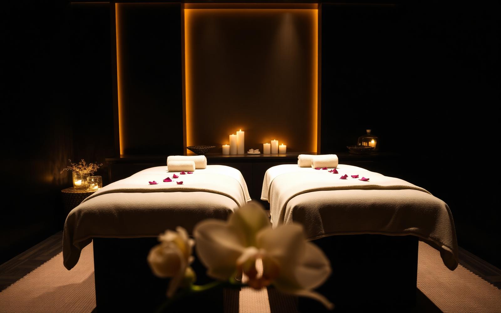 Spa day setting with towels, candles and flowers at Nuad Thai Massage Athens