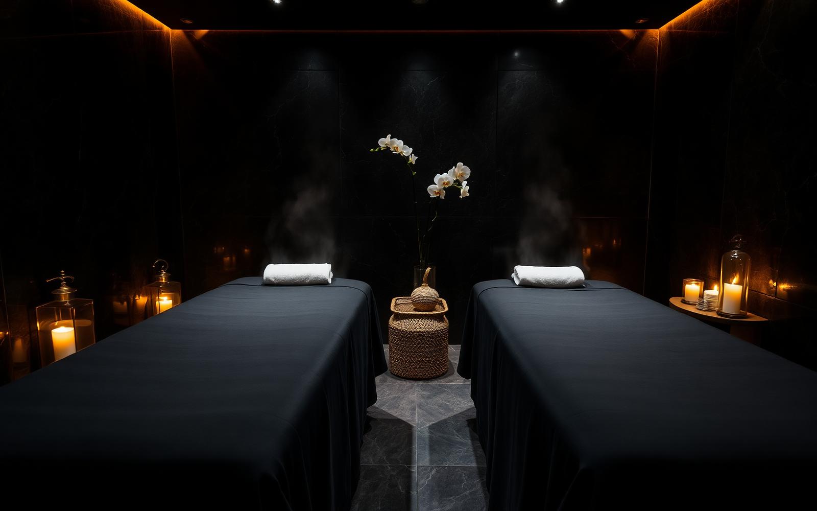 Luxury private massage suite with two beds and warm lighting