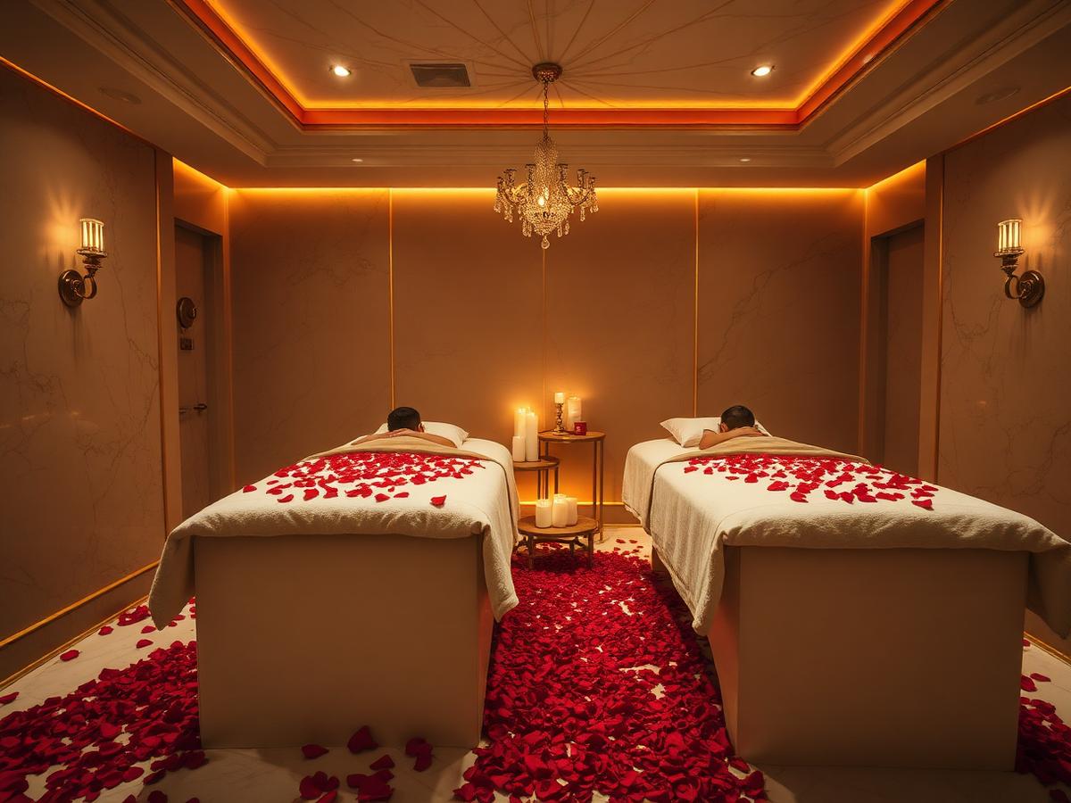Couples suite prepared with rose petals and candlelight